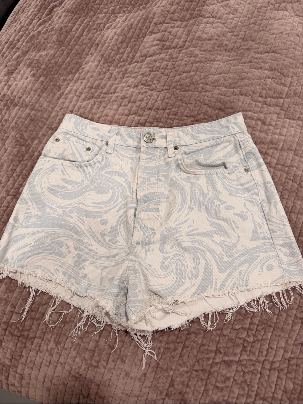 Zara Light Blue Marble-Print Denim Shorts